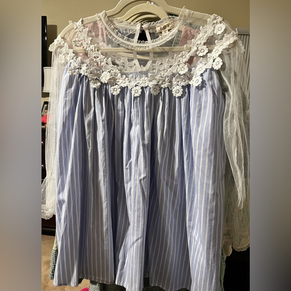 POL Blue with White Lace Mesh Top